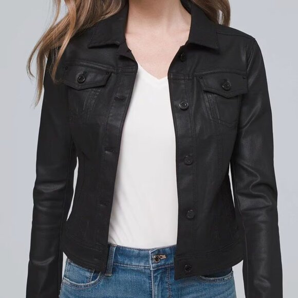 White House Black Market Cropped Coated Denim Jacket Black Size 8 - Picture 1 of 5
